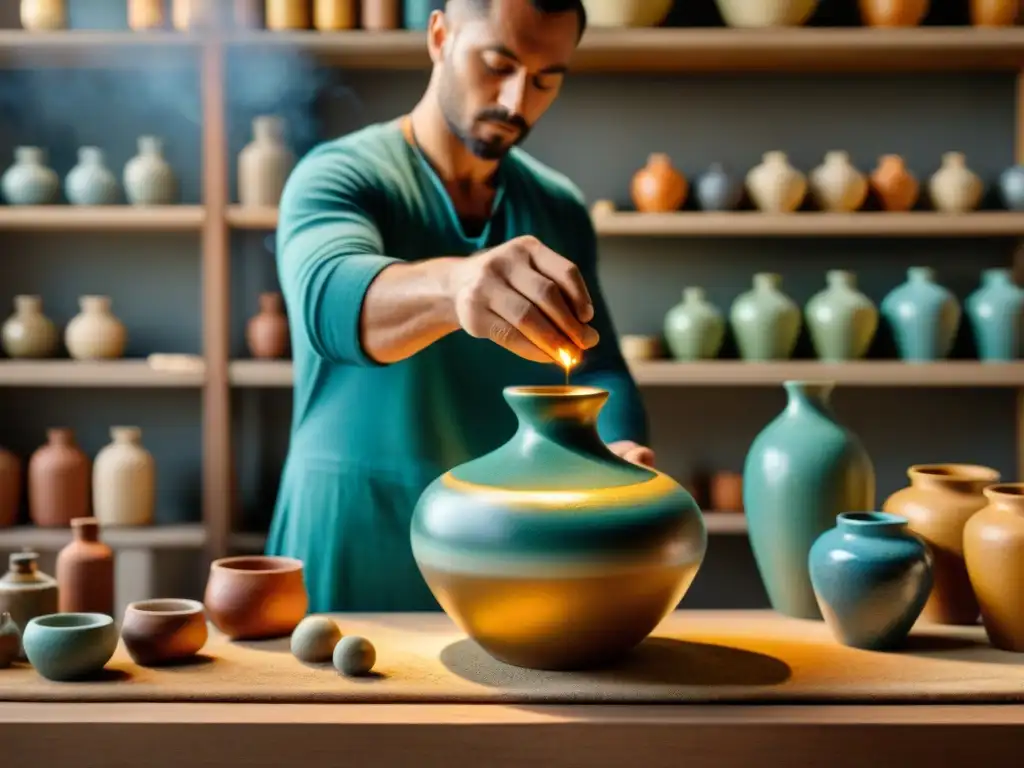 Un artesano renacentista en cerámica alquímica, detalladamente creando un símbolo en un jarrón