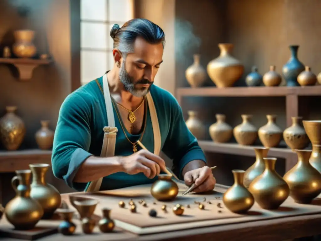 Un artesano renacentista en su taller, pintando cerámica con alquimia en cerámica renacentista