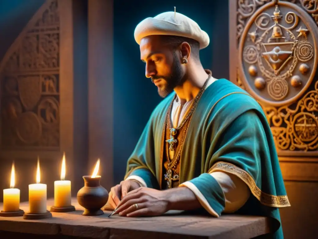 Un artista renacentista tallando símbolos alquímicos en piedra, rodeado de luz de velas en su estudio ancestral