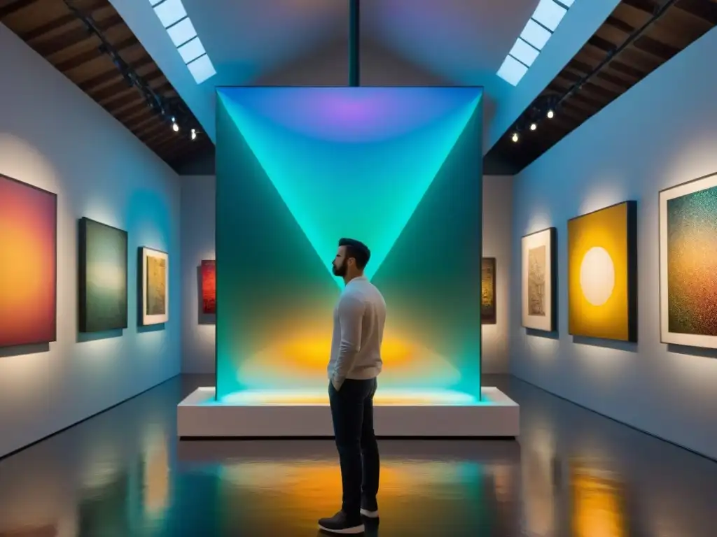 Artistas contemporáneos redefinen alquimia en galería de arte con obras misteriosas y transformadoras, iluminadas por luz cálida