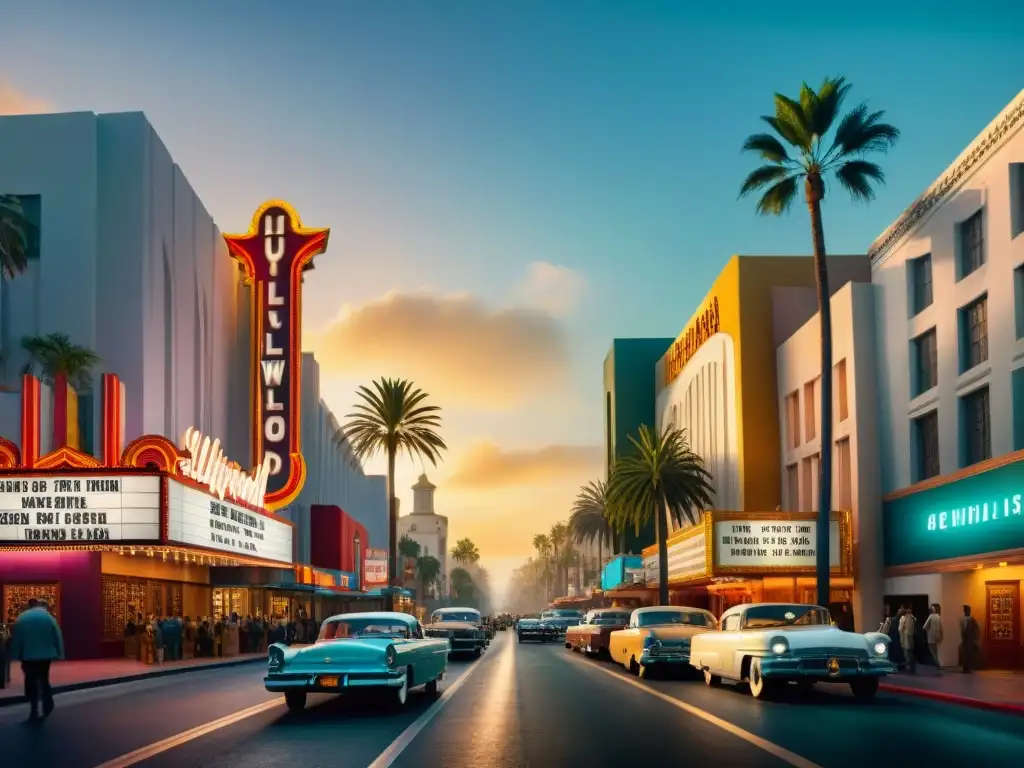 Un atardecer dorado ilumina una calle de Hollywood con cines vintage y moviegoers, fusionando películas, alquimia, historia y modernidad