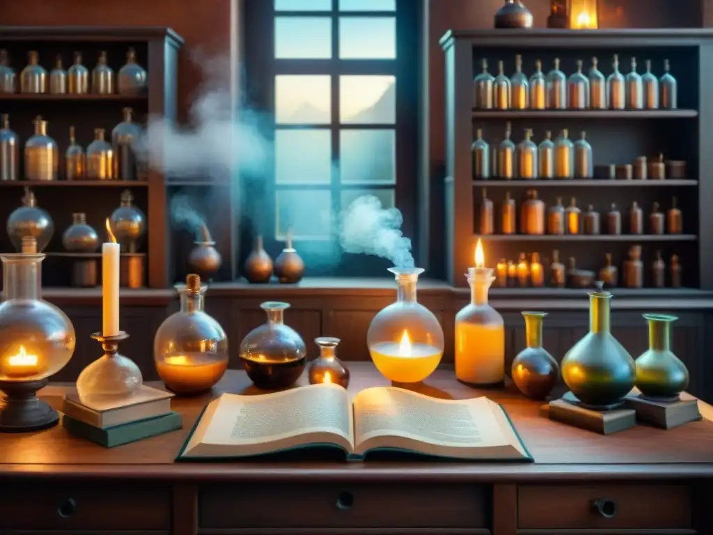 Atmósfera mística de un laboratorio de alquimia antiguo, con pociones burbujeantes, libros misteriosos y luz de velas