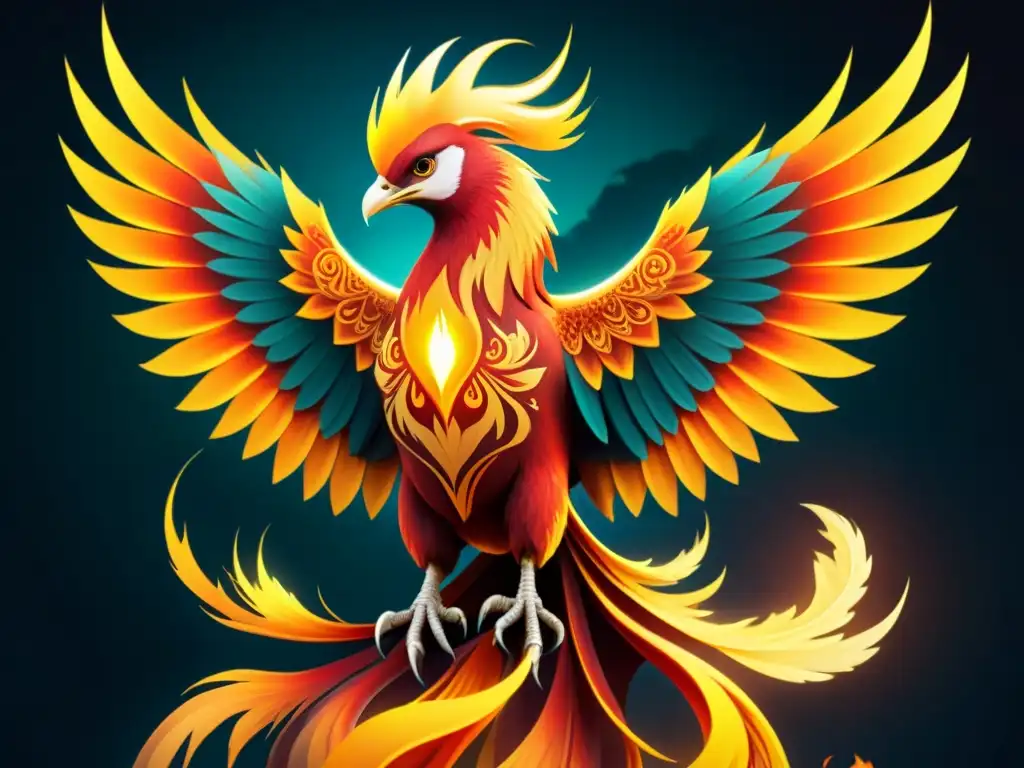 Fénix majestuoso: Renacimiento en llamas y símbolos alquímicos El ave fénix renace con fuerza de las llamas, sus plumas rojas, doradas y naranjas brillan con intensidad