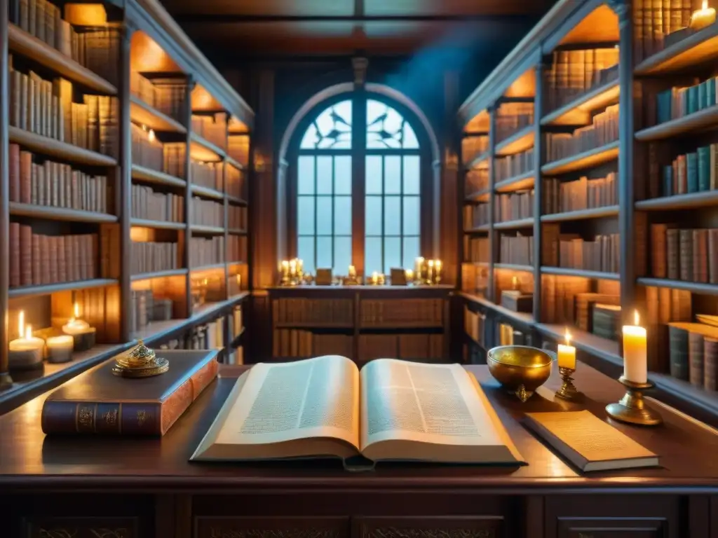 Una biblioteca grandiosa llena de antiguos textos alquímicos, iluminada por la suave luz de las velas