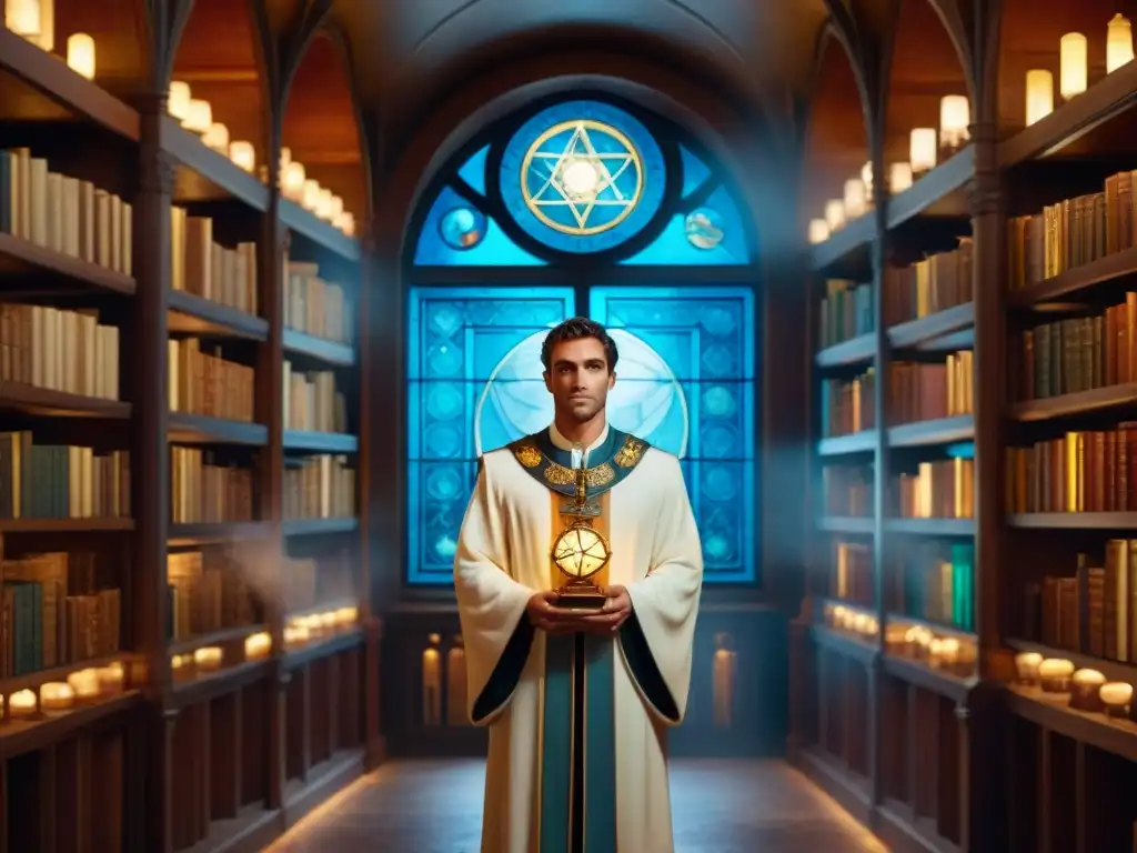 Hermes Trismegisto en biblioteca mística rodeado de símbolos alquímicos y objetos celestiales, iluminado por luz etérea