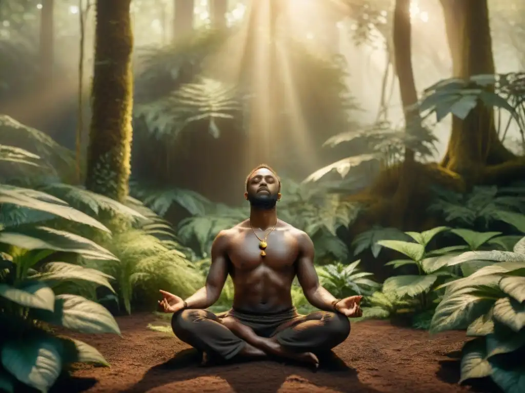 Figura meditando en un bosque encantado, rodeada de luz dorada y plantas místicas