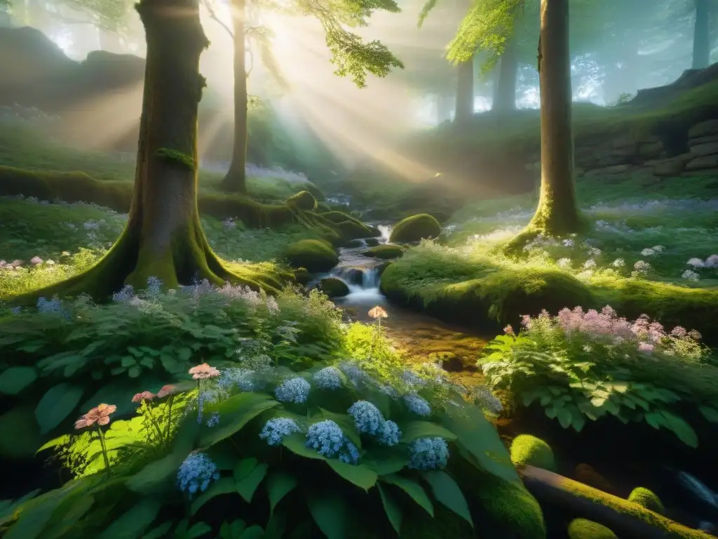 Fantástico bosque místico al amanecer en 8k ultradetallado Un bosque místico al amanecer, árboles antiguos, enredados con lianas brillantes, sombras largas en el suelo