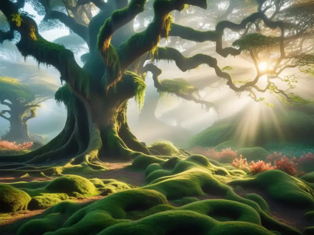 Bosque místico al amanecer: árboles ancestrales y enredaderas brillantes Un bosque místico al amanecer, árboles antiguos entrelazados con vides brillantes, flores etéreas y atmósfera mágica