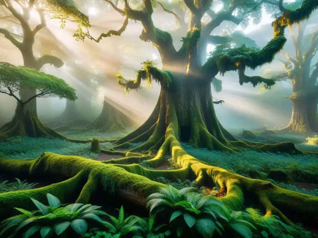 Bosque místico: luz y sombra entre árboles ancestrales Un bosque místico al amanecer, con árboles antiguos y símbolos alquímicos