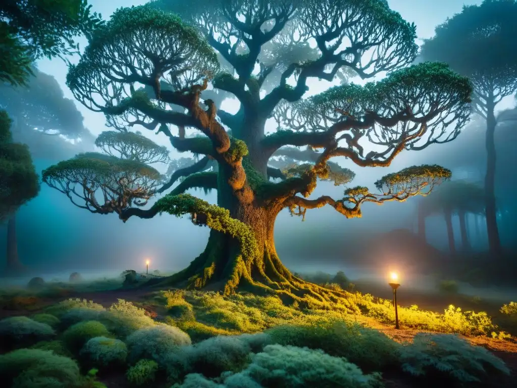 Bosque místico: sabiduría ancestral y magia natural Un bosque místico al atardecer, con árboles antiguos entrelazados con constelaciones brillantes y símbolos alquímicos entre la vegetación