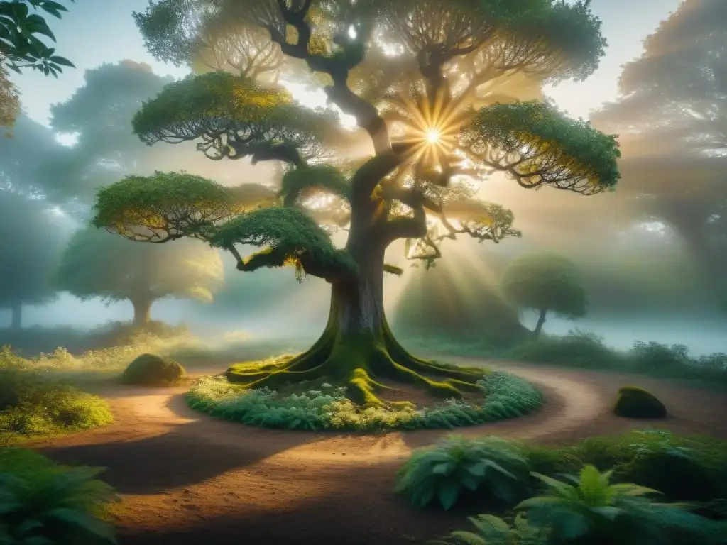 Bosque alquímico en el crepúsculo: ilustración detallada y mística Un bosque místico al atardecer con símbolos alquímicos entre ramas y suelo, en armonía con la naturaleza