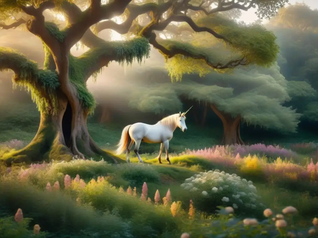 Un bosque místico con un majestuoso unicornio entre árboles antiguos y flores silvestres, elementos de alquimia en literatura clásica