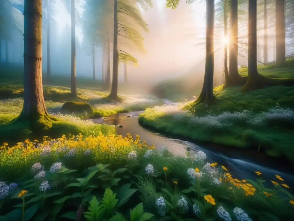 Un bosque místico al amanecer con rayos dorados filtrándose entre la frondosa vegetación