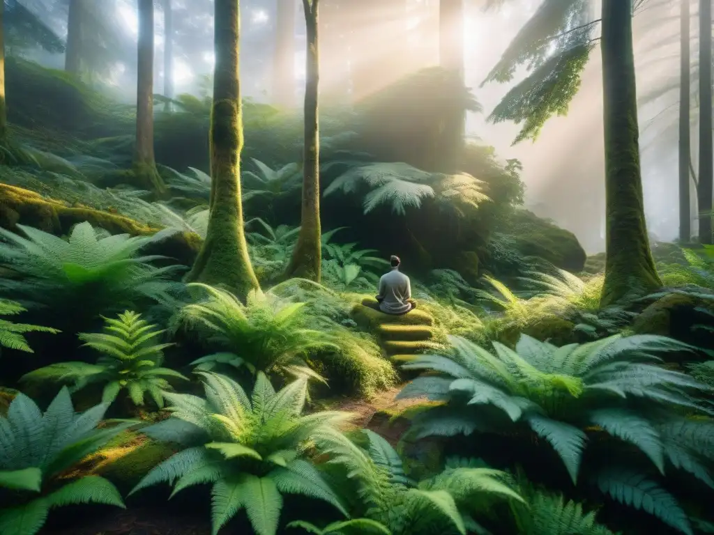 Un bosque tranquilo bañado por una cálida luz dorada, donde un ser medita en paz