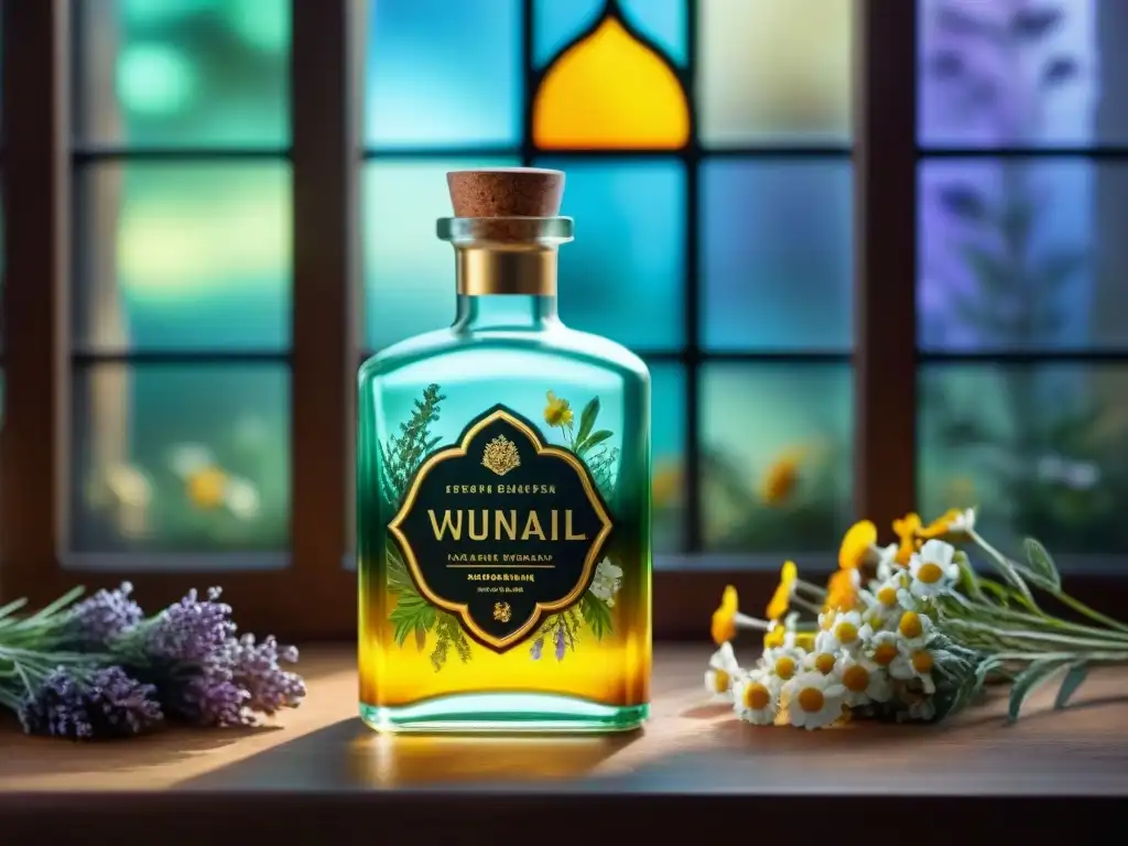 Botella de vidrio con líquido dorado rodeada de hierbas y flores místicas