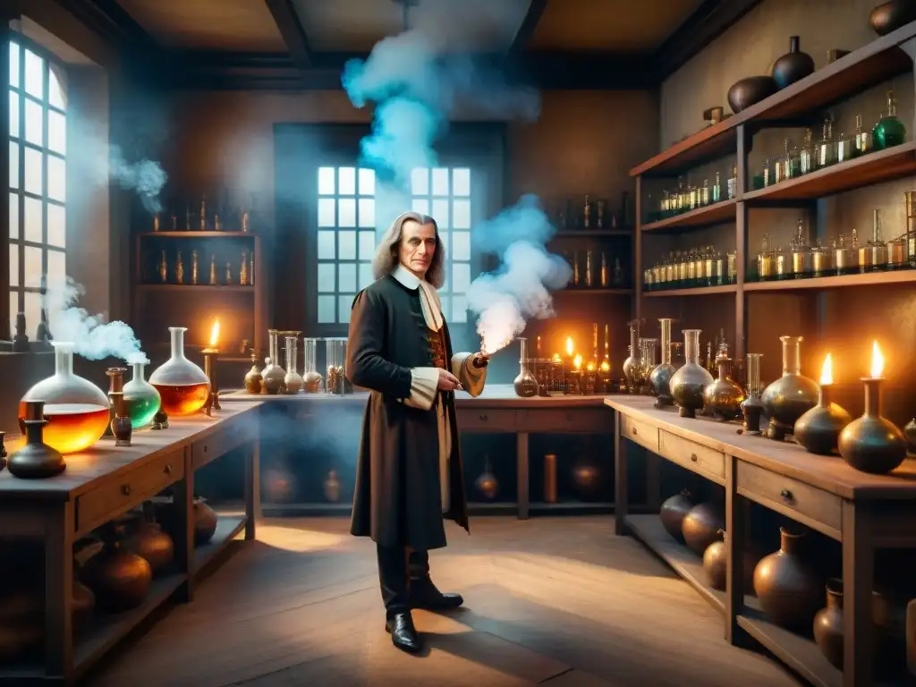 La transmutación de Robert Boyle en un laboratorio alquímico, fusionando elementos místicos con la química moderna