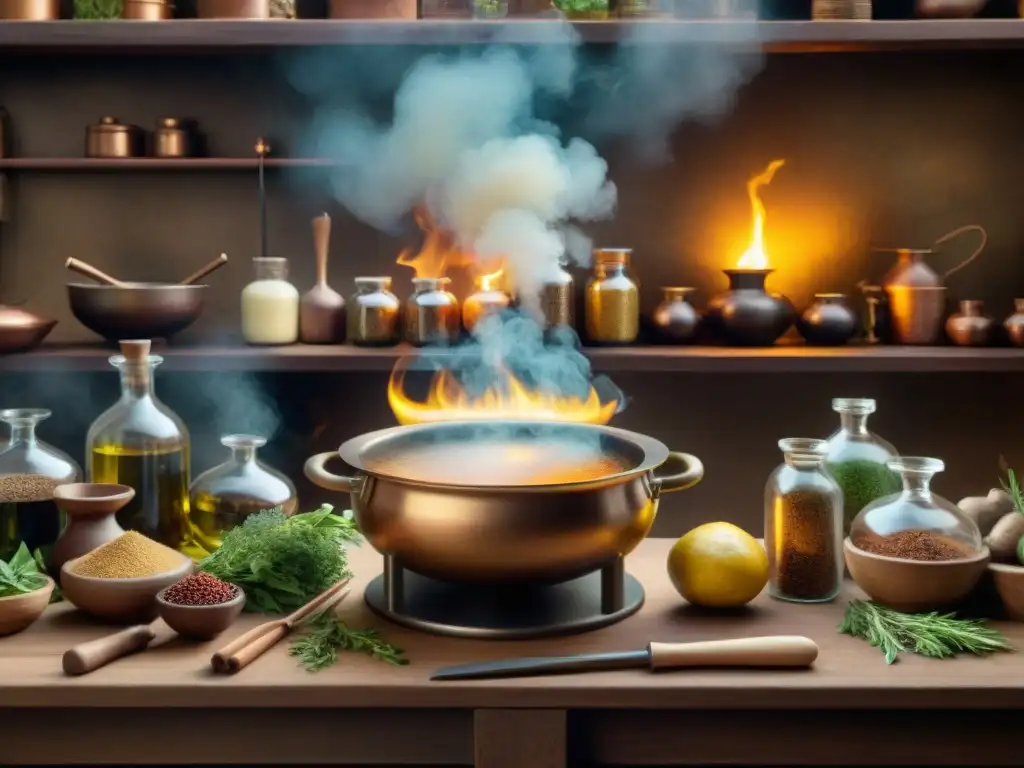 Un bullicioso escenario medieval en una cocina alquímica, con chefs experimentando con magia culinaria