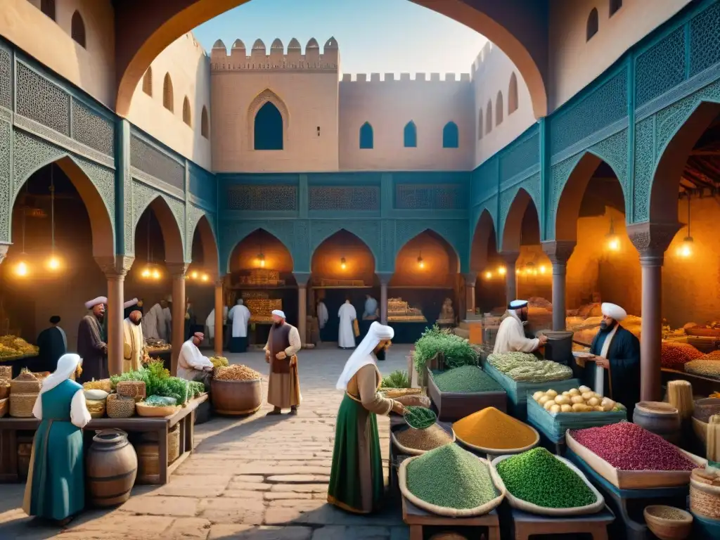 Un bullicioso mercado medieval en una ciudad de Oriente Medio