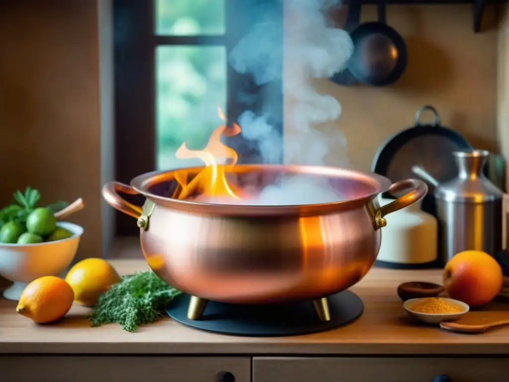 Un caldero de cobre burbujeante sobre llama, con ingredientes coloridos y humo dorado, evocando alquimia en la cocina elixires