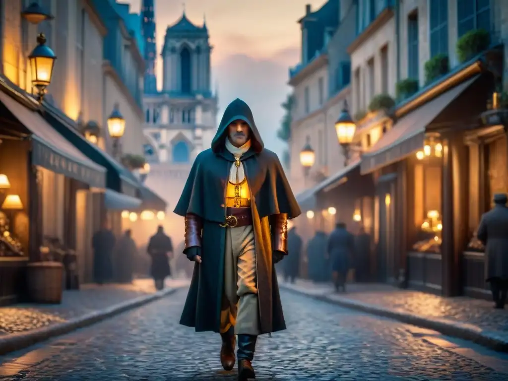 Un callejón de París al atardecer con farolas antiguas y la silueta de Notre Dame, evocando la historia de alquimia de Nicolas Flamel