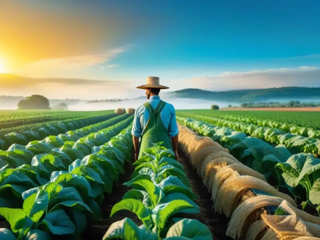 Un campo exuberante bajo el cielo azul, donde un granjero cuida cultivos diversos