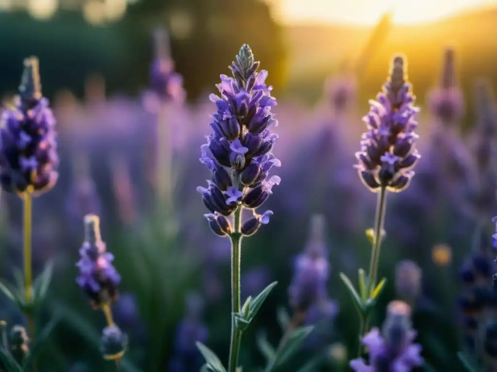 Un campo de lavanda en flor al amanecer, con rocío en los pétalos y abejas zumbando