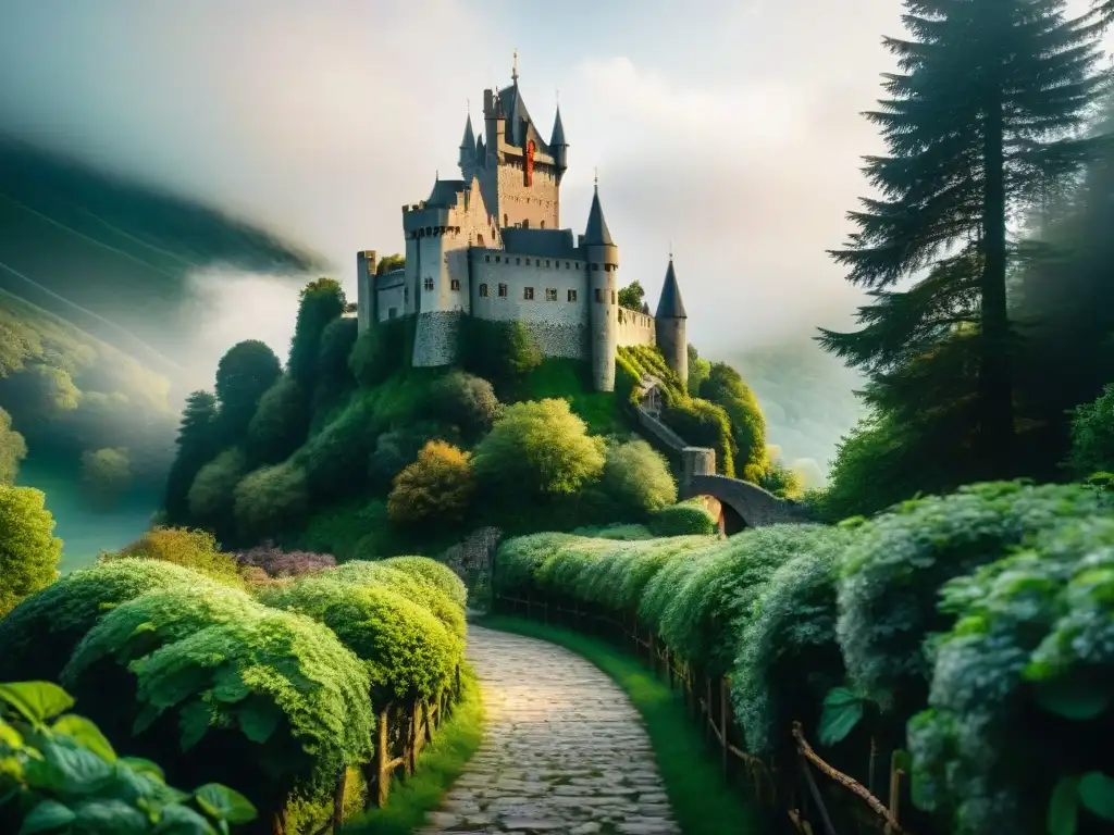 Castillo medieval en Alemania con secretos alquímicos, rodeado de bosque y misterio sepia