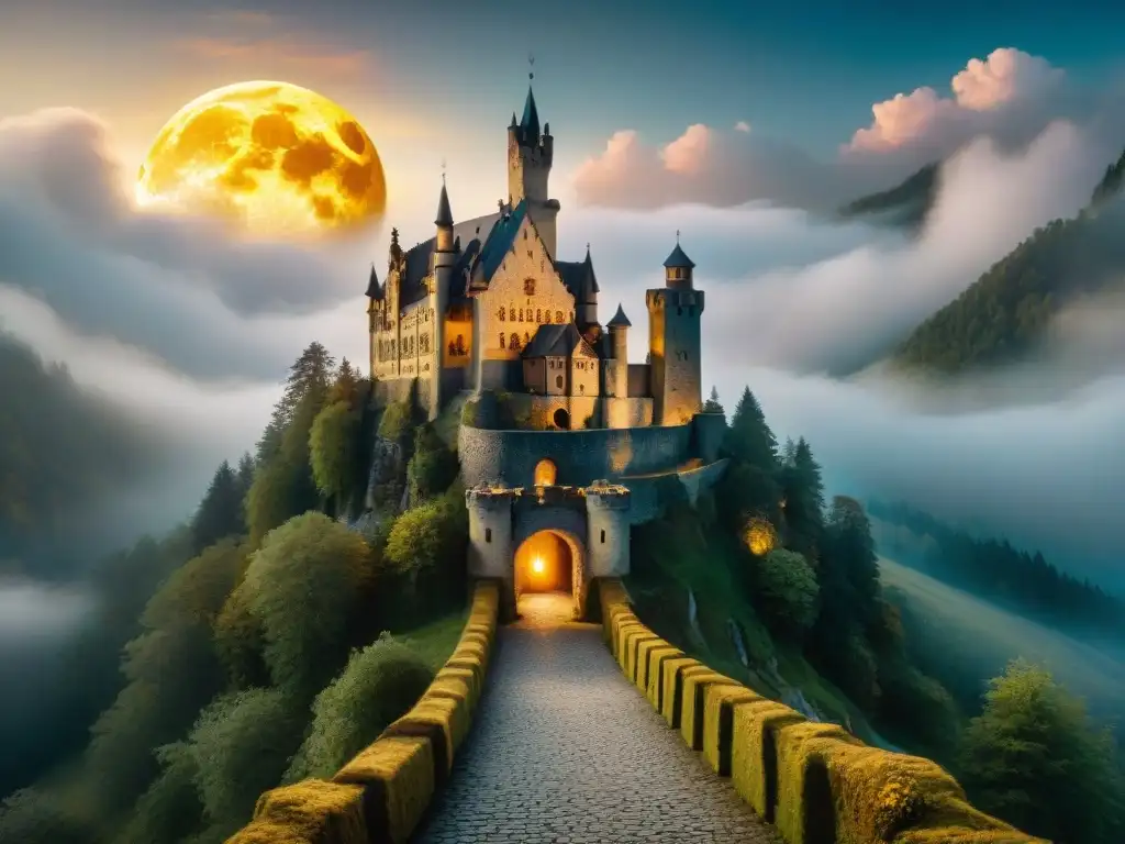 Un castillo alemán rodeado de bosques brumosos con símbolos alquímicos, una figura misteriosa sosteniendo un frasco dorado y una luna llena
