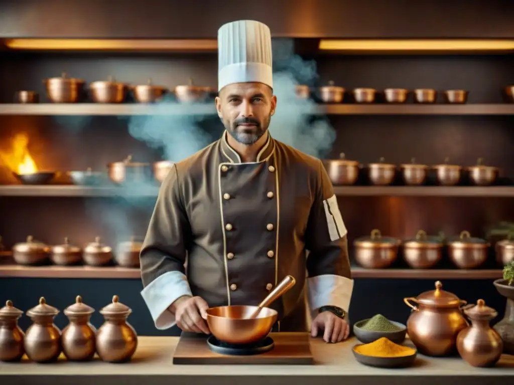 Un chef experto en bata de alquimista en una cocina moderna con utensilios de cobre y pociones burbujeantes