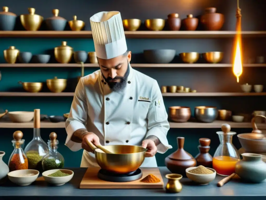 Un chef hábil preparando una poción mágica en una cocina antigua y bulliciosa, rodeado de ingredientes exóticos y herramientas alquímicas