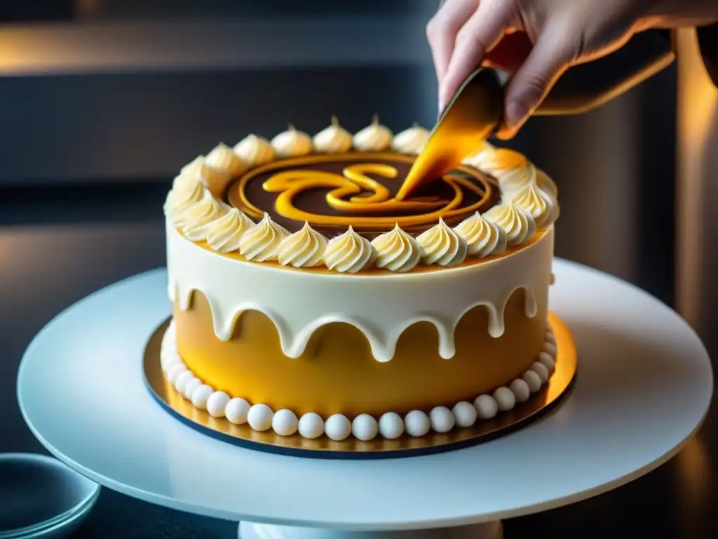 Un chef repostero experto crea diseños intrincados en un pastel decadente, con caramelo dorado fluyendo, en una influencia alquímica en la gastronomía