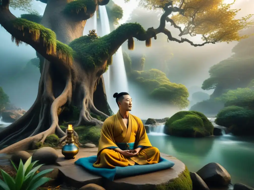 Ilustración sepia de Wei Boyang, alquimista chino, meditando bajo un árbol antiguo