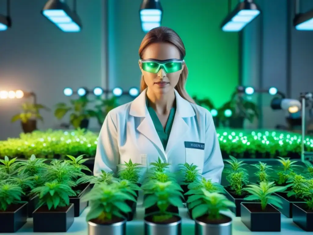 Un científico en un laboratorio moderno realiza experimentos alquímicos con plantas bajo una luz LED brillante