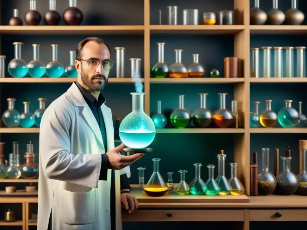 Un científico vierte líquido brillante en frasco en laboratorio, fusionando ciencia moderna con alquimia ancestral