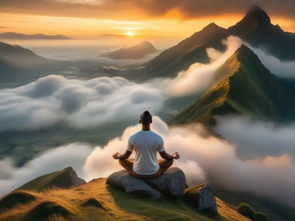 En la cima de una montaña, una figura medita en soledad al amanecer, rodeada de nubes