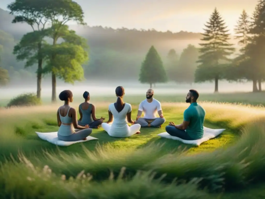 Un círculo de individuos diversos meditando en un prado, bajo la luz suave del atardecer