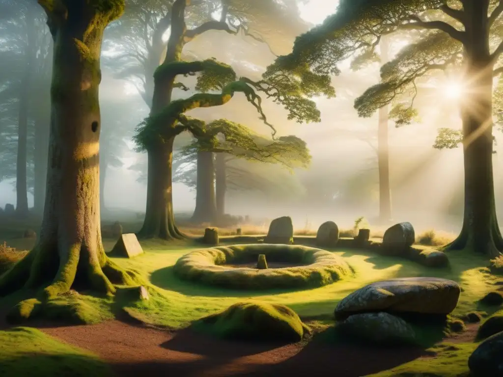 Un círculo de piedras antiguo rodeado de robles majestuosos en un bosque místico al atardecer