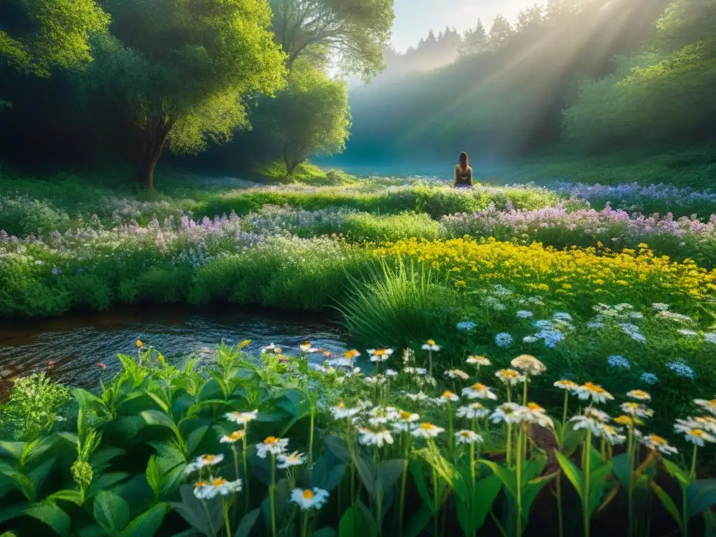 Un claro del bosque tranquilo con un meditador rodeado de naturaleza y mariposas