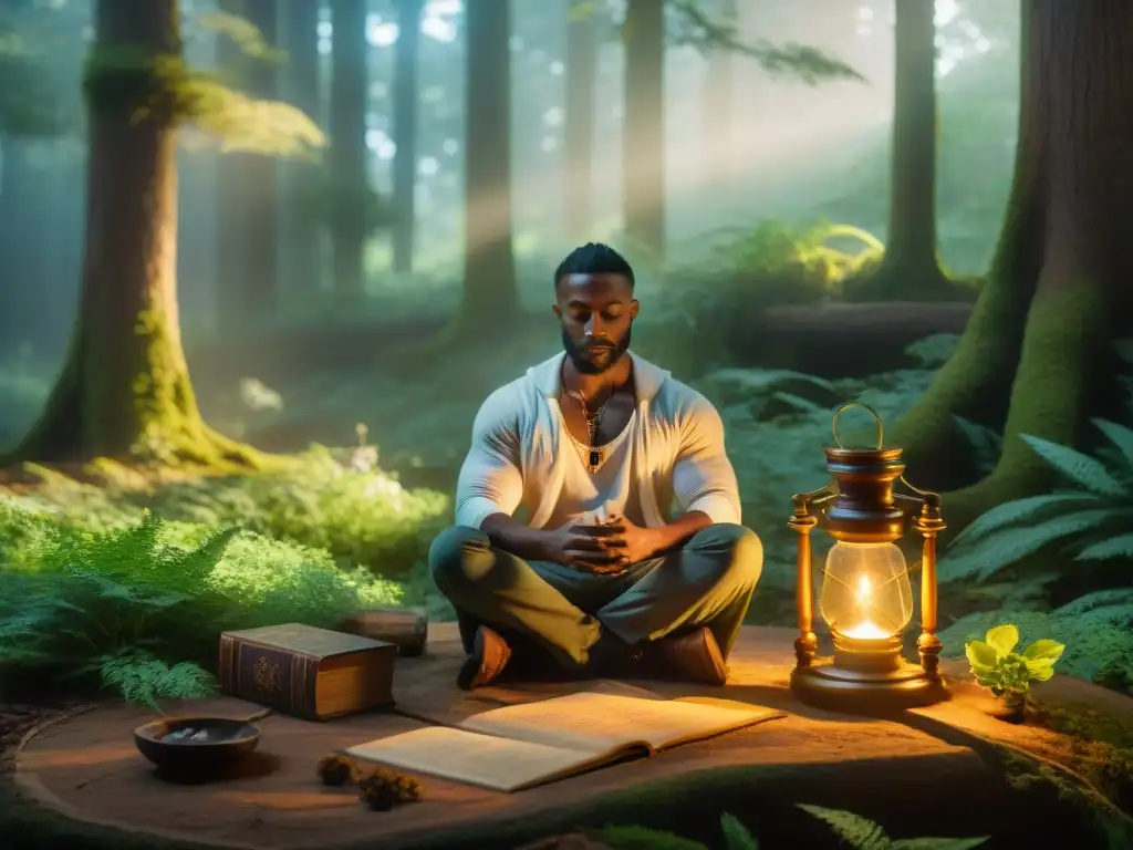 Alquimia en el bosque sagrado: el misterio se revela En un claro del bosque sagrado, un alquimista solitario rodeado de libros antiguos y misteriosos elixires