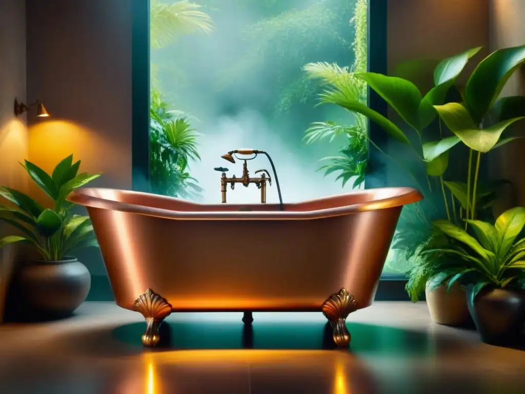 Baño de cobre vintage con plantas verdes, luz dorada y detalles de metal, evocando beneficios de hidroterapia y alquimia histórica