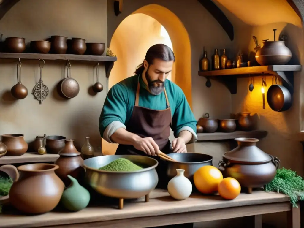 Un cocina medieval bulliciosa con alquimistas preparando ingredientes y pociones misteriosas, en tonos sepia