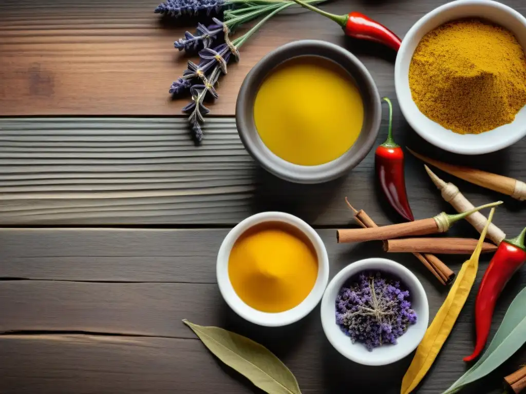 Una composición alquímica natural en sepia con ingredientes como chiles rojos, canela, cúrcuma y lavanda en una mesa rústica