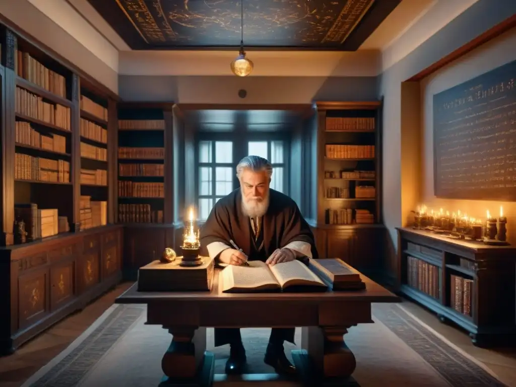 En la corte real, Johannes Trithemius desentraña antiguos secretos alquímicos entre símbolos y sombras