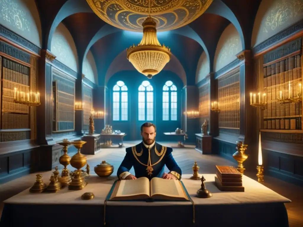 Johannes Trithemius en la corte real, rodeado de instrumentos alquímicos y manuscritos misteriosos, en una escena llena de misticismo y secretos