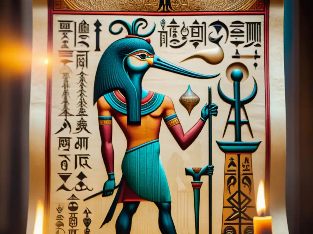 Ilustración sepia de Thoth, dios con cuerpo humano y cabeza de ibis, tejiendo símbolos alquímicos y jeroglíficos en un pergamino, en un templo místico