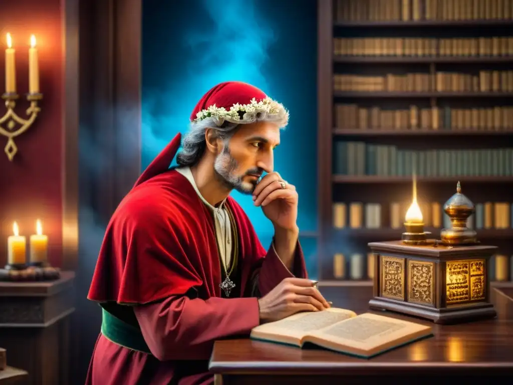 Dante Alighieri inmerso en la alquimia literaria europea, rodeado de símbolos antiguos, con una misteriosa luz en su mesa