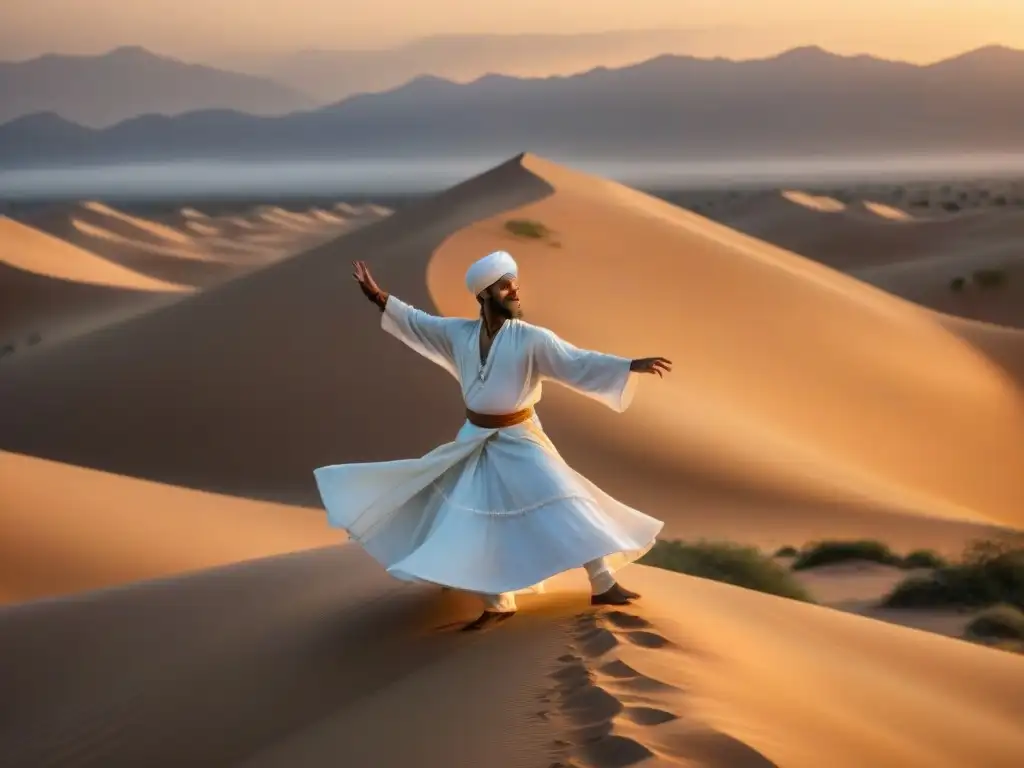 Un derviche gira en el desierto al atardecer, con el sol dorado iluminando las dunas