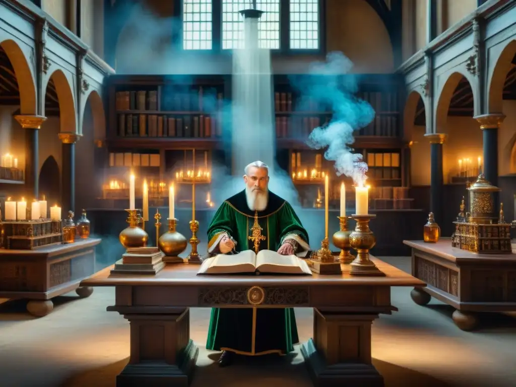 Ilustración detallada en sepia de alquimia en la corte real con Johannes Trithemius y otros alquimistas en un escenario europeo