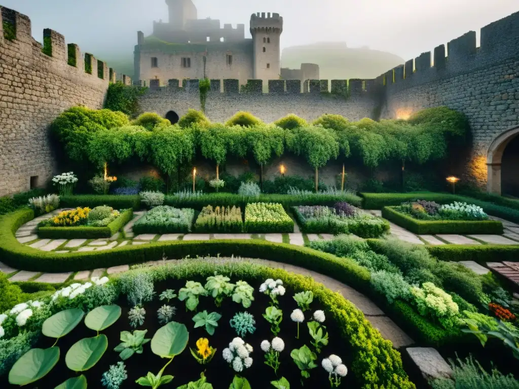 Ilustración detallada en sepia de un jardín alquímico medieval, con plantas como mandrágoras y belladonas en un diseño geométrico