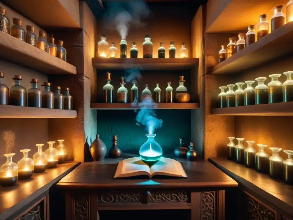 Ilustración sepia detallada de un antiguo alquimista en su cámara, rodeado de símbolos y libros misteriosos